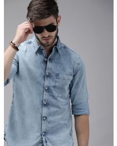Roadster The Lifestyle Co Men Light Blue Solid Regular Fit Chambray Casual Shirt